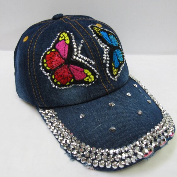 Women's Sparkle Butterfly Blue Denim Vintage Distressed Baseball Hat Cap NEW - Picture 3 of 4